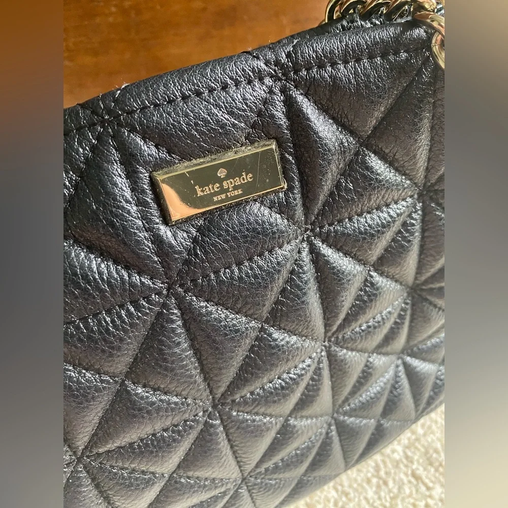 Kate Spade New York Natalia Tote Leather Handbag Black Quilted Silver Chain